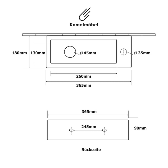 Kometmöbel Hänge- oder Aufsatz Keramik Waschbecken 36.5x18x9cm Hahnloch Rechts