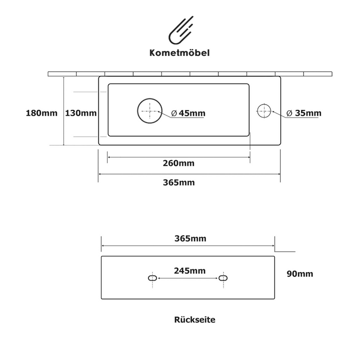 Kometmöbel Hänge- oder Aufsatz Keramik Waschbecken 36.5x18x9cm Hahnloch Rechts