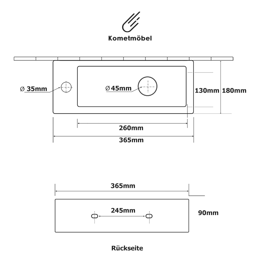 Kometmöbel Hänge- oder Aufsatz Keramik Waschbecken 36.5x18x9cm Hahnloch Links