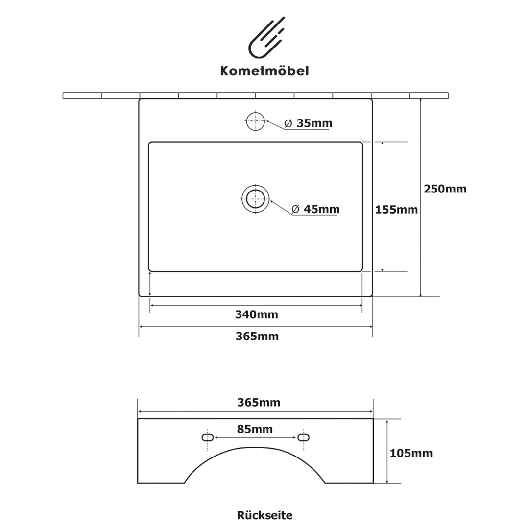 Kometmöbel Hänge- oder Aufsatz Keramik Waschbecken 36.5cm x 25.5cm x 10.5cm Weiß