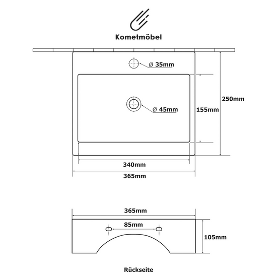 Kometmöbel Hänge- oder Aufsatz Keramik Waschbecken 36.5cm x 25.5cm x 10.5cm Weiß